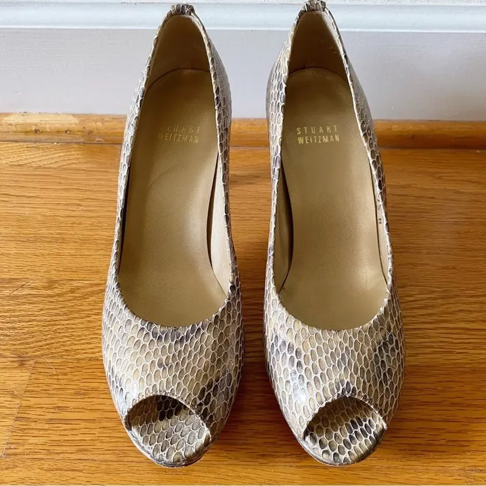 Stuart Weitzman | Plainfield Snake Skin Patent Leather Pumps Peep Toe Tan 7.5 N